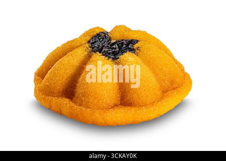 Single homemade thai egg cake or castella cake isolated on white background with clipping path. Stock Photo