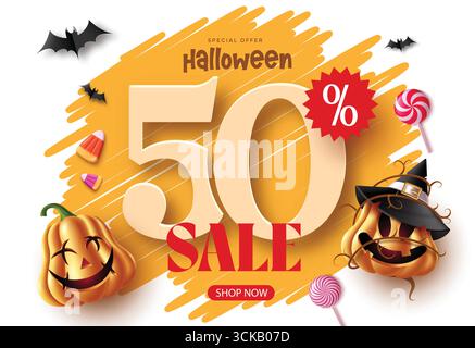 Colorful Halloween sale design with pumpkins, bats, lollipops, candy corn, and witch hat. Perfect for banners, flyers, posters, promotions, autumn fes Stock Vector