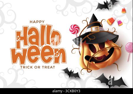 Halloween greeting design with pumpkin in witch hat, candy corn, lollipops, and bats on white background. Great for party invites, autumn greeting car Stock Vector