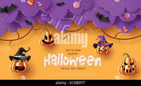 Colorful Halloween clipart banner with pumpkins, bats, witch hats, candy corn, and lollipops with spider webs. Perfect for trick or treat flyers, part Stock Vector