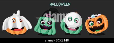 Colorful Halloween pumpkin characters in ghost, witch, skeleton, and candy bucket styles. Fun and spooky vector clipart perfect for Happy Halloween ca Stock Vector