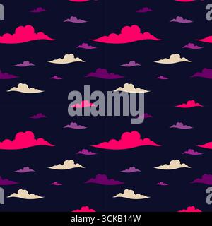 Vector seamless pattern white cartoon clouds on a black sky background. Stock Vector