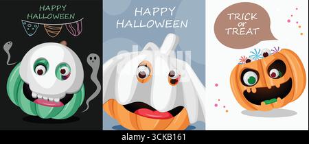 Halloween greeting card collection with funny pumpkin designs like skeleton mask, ghost disguise, and candy bucket. Perfect for Happy Halloween wishes Stock Vector