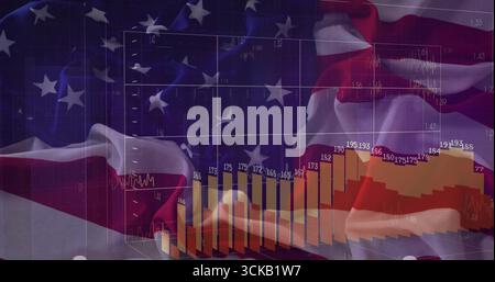 Displaying American flag backdrop in digital environment, showing financial chart on 3D grid Stock Photo