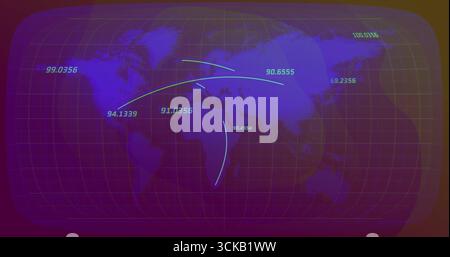 Visualizing world map projecting neon data arcs on data dashboard, grid overlay and floating labels Stock Photo
