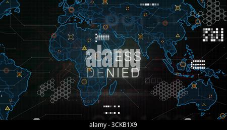 Displaying ACCESS DENIED overlay on cyber interface map grid, with hex clusters and warning icons Stock Photo