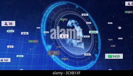 Displaying stylized number 2 rotating within HUD gauge on grid floor with floating social badges Stock Photo