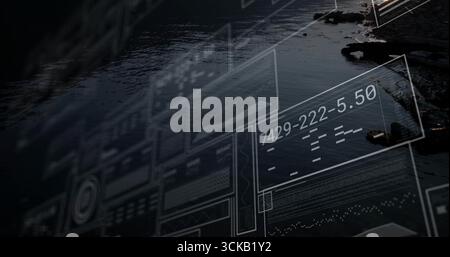 Displaying digital interface overlay hovering above dawn waterfront, with holographic UI panels Stock Photo