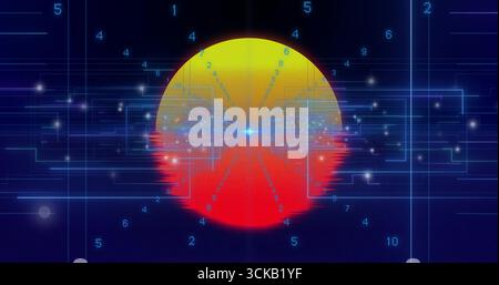 Glowing gradient sphere displaying glitches in neon grid, with numeric digits and circuit traces Stock Photo
