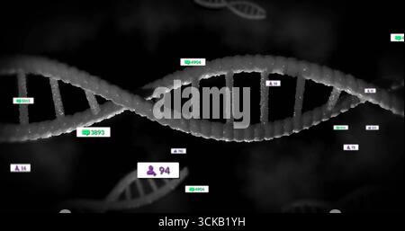 Displaying central DNA double helix in dark digital environment, with floating data tags Stock Photo