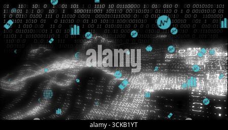 Streaming central binary wave across cyberspace, with white bits and turquoise analytics icons Stock Photo