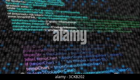 Displaying programming code text covering binary matrix in code editor, with binary digits pattern Stock Photo
