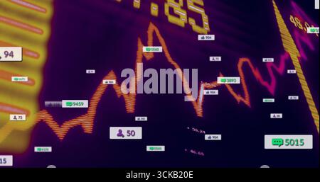 Displaying market line chart on trading dashboard, with neon line graph, icons and yellow ticker Stock Photo