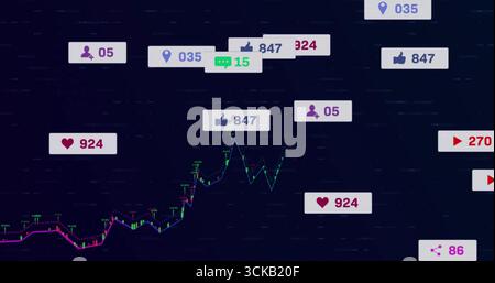 Displaying dashboard showing neon line chart and candlesticks on grid, with floating social icons Stock Photo