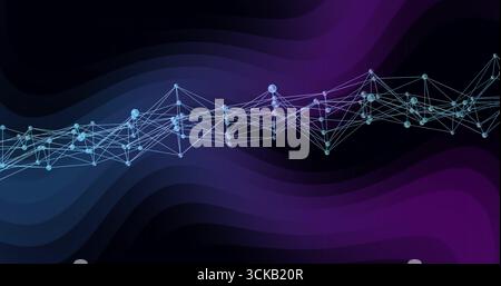 Displaying glowing wave-like network inside virtual environment with spherical nodes and thin lines Stock Photo