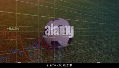 Displaying soccer ball resting on grass pitch, overlaying grid with red and blue line graphs Stock Photo