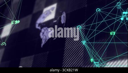 Displaying camera, WiFi and padlock nodes connecting on blurred world map grid copy space Stock Photo