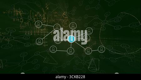 Displaying central blue user node connecting white user nodes on chalkboard backdrop, with formulas Stock Photo