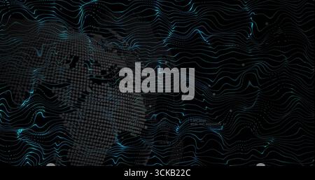 Displaying dotted world map silhouette over data grid in digital realm, with neon blue wavy lines Stock Photo