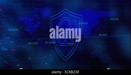 Floating dotted-line shield with padlock icon over world map grid in dashboard, showing data values Stock Photo