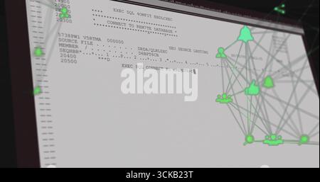 Displaying screen showing SQL code at desk, with green user and thumbs-up icons network overlay Stock Photo