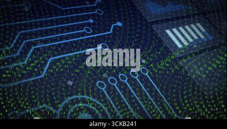 Displaying circuitry pattern in interface with board traces, chip outlines and green binary digits Stock Photo