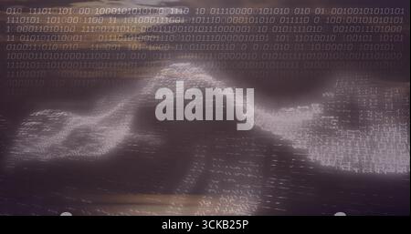 Flowing binary code ribbon undulating across cyberspace, with glowing streams of zeros and ones Stock Photo