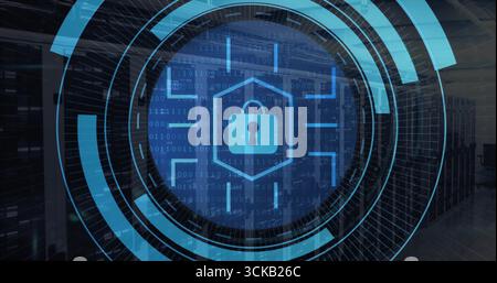 Projecting glowing blue lock icon hovering in server room aisle, with server racks and code overlay Stock Photo