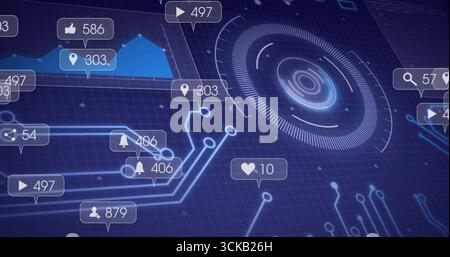 Displaying central HUD element showing concentric data rings on blue grid, with floating callouts Stock Photo