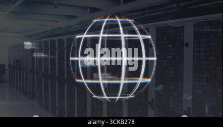 Floating holographic globe hovering inside data center corridor, with server racks and cable trays Stock Photo