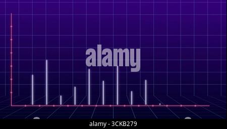 Displaying glowing vertical bars rising from base on virtual 3D grid, featuring pink axis markers Stock Photo