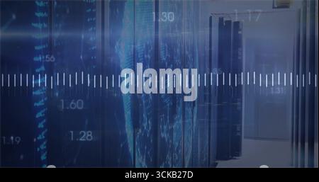 Displaying servers projecting world map overlay in data center corridor, with numeric waveform Stock Photo