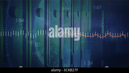 Displaying waveform line spanning data dashboard with green bars, globe outline, numeric labels Stock Photo