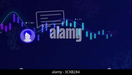 Displaying data visualization weaving line through glowing bars on dashboard, with numeric markers Stock Photo