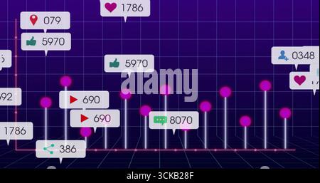 Displaying social media analytics chart with rising bars, spheres, icon callouts on purple grid Stock Photo