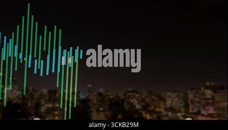Displaying colored vertical bars forming audio equalizer over nighttime urban skyline, copy space Stock Photo