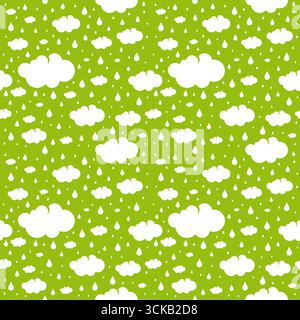 Cloud and Rain Seamless Pattern With Green Background Stock Vector
