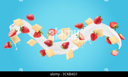 Splashing milk with sweet corn pads and fresh strawberries in air against light blue background. Healthy breakfast Stock Photo
