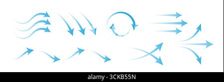 Cold air flow arrows set isolated on white background. Vector realistic illustration of blue gradient signs moving in waves, circle, cross direction, conditioner airflow, water purification symbols Stock Vector