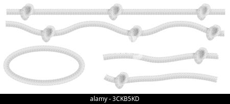 Rope knots set isolated on white background. Vector realistic illustration of 3D cord loop or tied thick string, marine equipment, nautical design element, decorative thread made of twisted fiber Stock Vector
