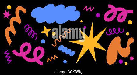 Abstract bright shapes set isolated on black background. Vector cartoon illustration of cloud and star speech bubbles, color doodles and spiral lines, retro design elements, groovy banner decoration Stock Vector