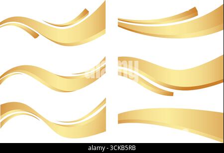 Golden wavy ribbons with swoosh lines. Curved shapes. Award swirl elements for banners and frames. Luxury fluid borders and headers. Vector shiny Stock Vector