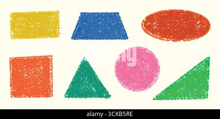 Colored geometric shapes. Square and circle crayon pencil figures. Vector pastel triangle with chalk texture. Kids hand drawn cartoon rectangle Stock Vector