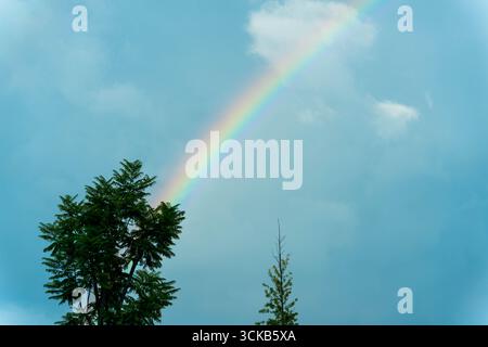 A vibrant rainbow spanning across the blue sky with white clouds over green trees after rain in Dali, Yunnan, China. Stock Photo