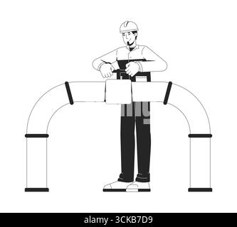 Oil industry worker handling pipeline valve outline illustration Stock Vector