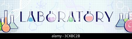 Laboratory horizontal banner with hand drawn artistic elements. Door sign with chemical test tubes and flasks. Notepad background Stock Vector