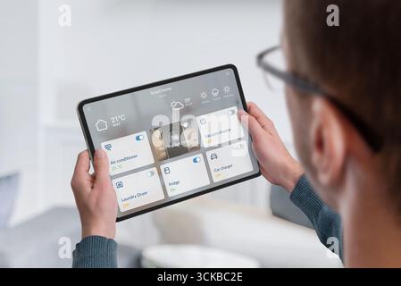 Smart home control screen displaying digital security lock and device monitoring Stock Photo