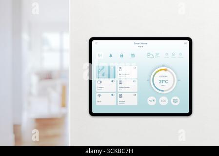 Digital screen with smart home temperature control and connected household appliances Stock Photo