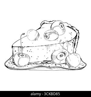 Cheesecake portion with glazed cherries, souffle mousse torte plated on ceramic dish. Isolated hand drawn dessert illustration in vector ink. Kitchen Stock Vector