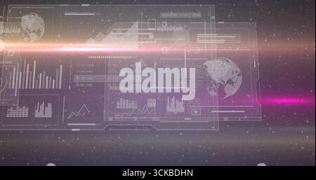 Displaying HUD interface projecting bar and line charts with globe icons and light streaks in space. Futuristic, sci-fi, technology, data visualizatio Stock Photo